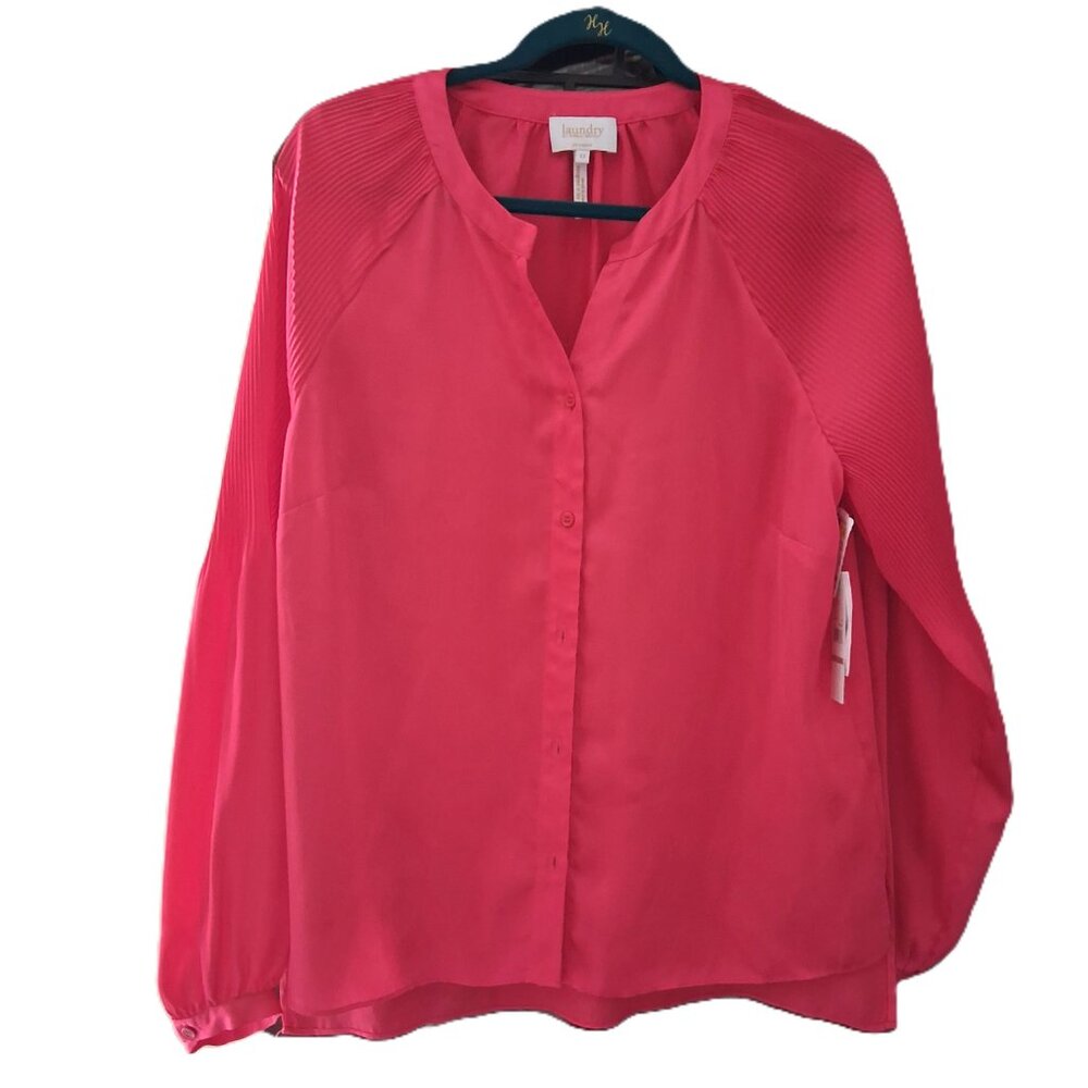 Laundry By Shelli Segal pleated Sleeve Button Down Red Blouse sz 12 NWT